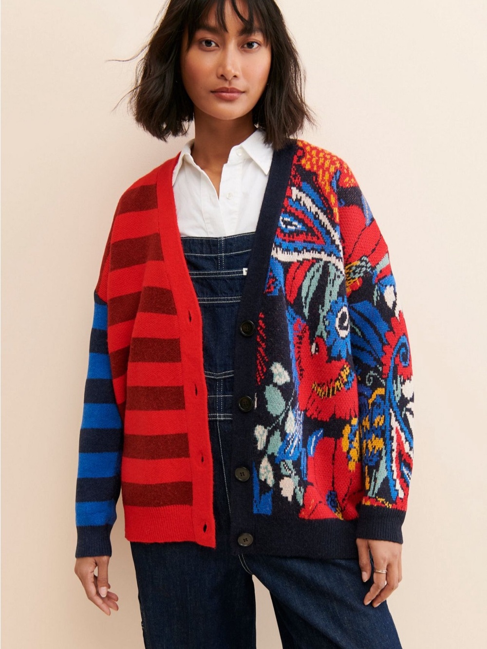 FARM Rio Forest Red, Navy & Blue Mixed-Pattern Knit Cardigan Sweater